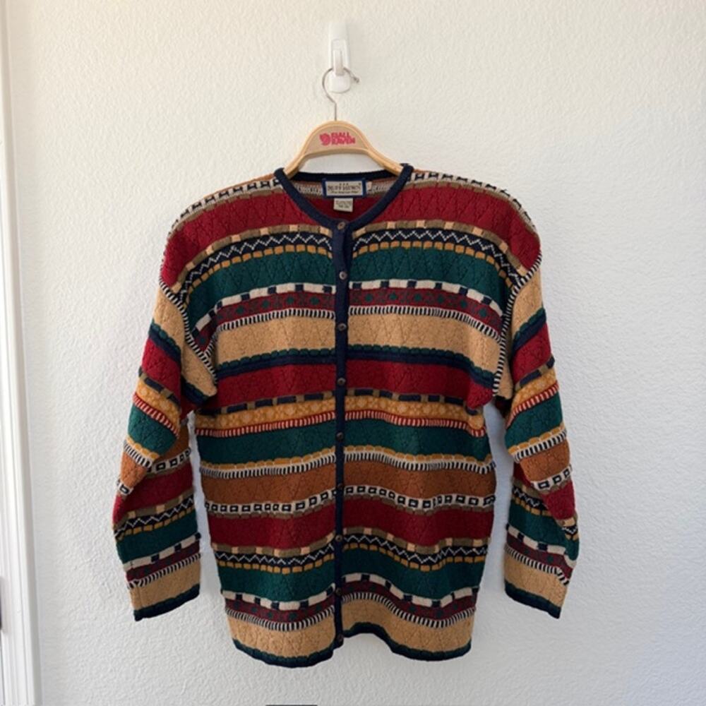 VINTAGE 1980s‎ Ruff Hewn Cardigan Multicolor Textured Sweater Women's Large